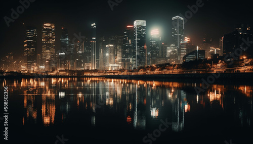 City skyline glows at night  reflecting in water generated by AI