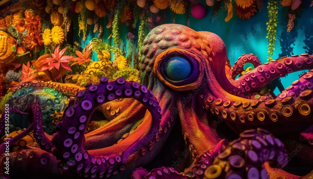 Tentacle swirls amidst underwater coral reef decoration generated by AI