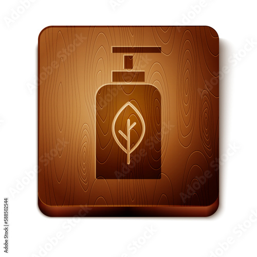Brown Essential oil bottle icon isolated on white background. Organic aromatherapy essence. Skin care serum glass drop package. Wooden square button. Vector