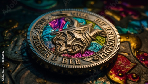 Multi-colored antique coin holds ancient Chinese history generated by AI