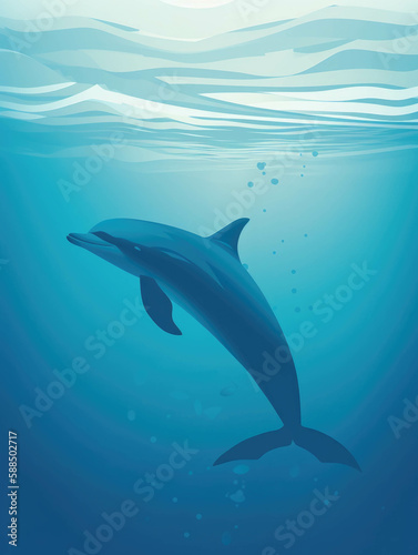 A bottlenose dolphin surfacing and diving its playful clicks echoing in the deep.. AI generation. © Justlight
