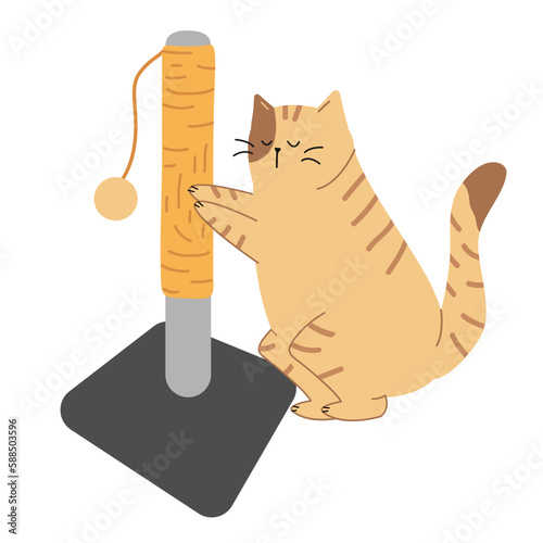Vector illustration of a cat sharpening its claws. A domestic cat and a scratching post. Accessory for the pet. Pet Shop Product. Cartoon illustration in flat style. 