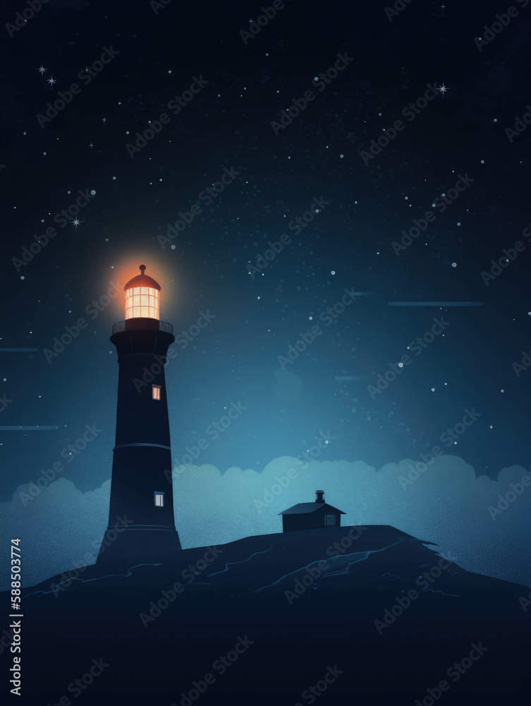 A lighthouse standing tall against a starry sky.. AI generation.