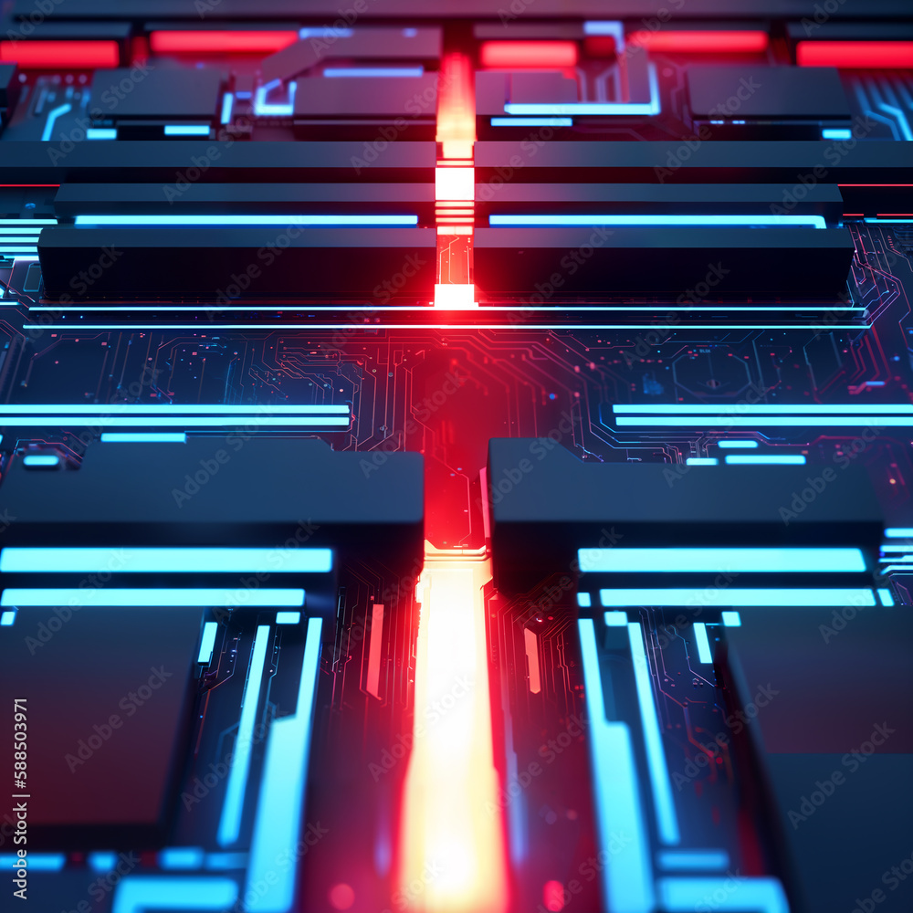 Obraz premium Abstract technology background features a digital, futuristic design with circuit-like patterns and geometric shapes in a red, blue and black color scheme. Generative AI
