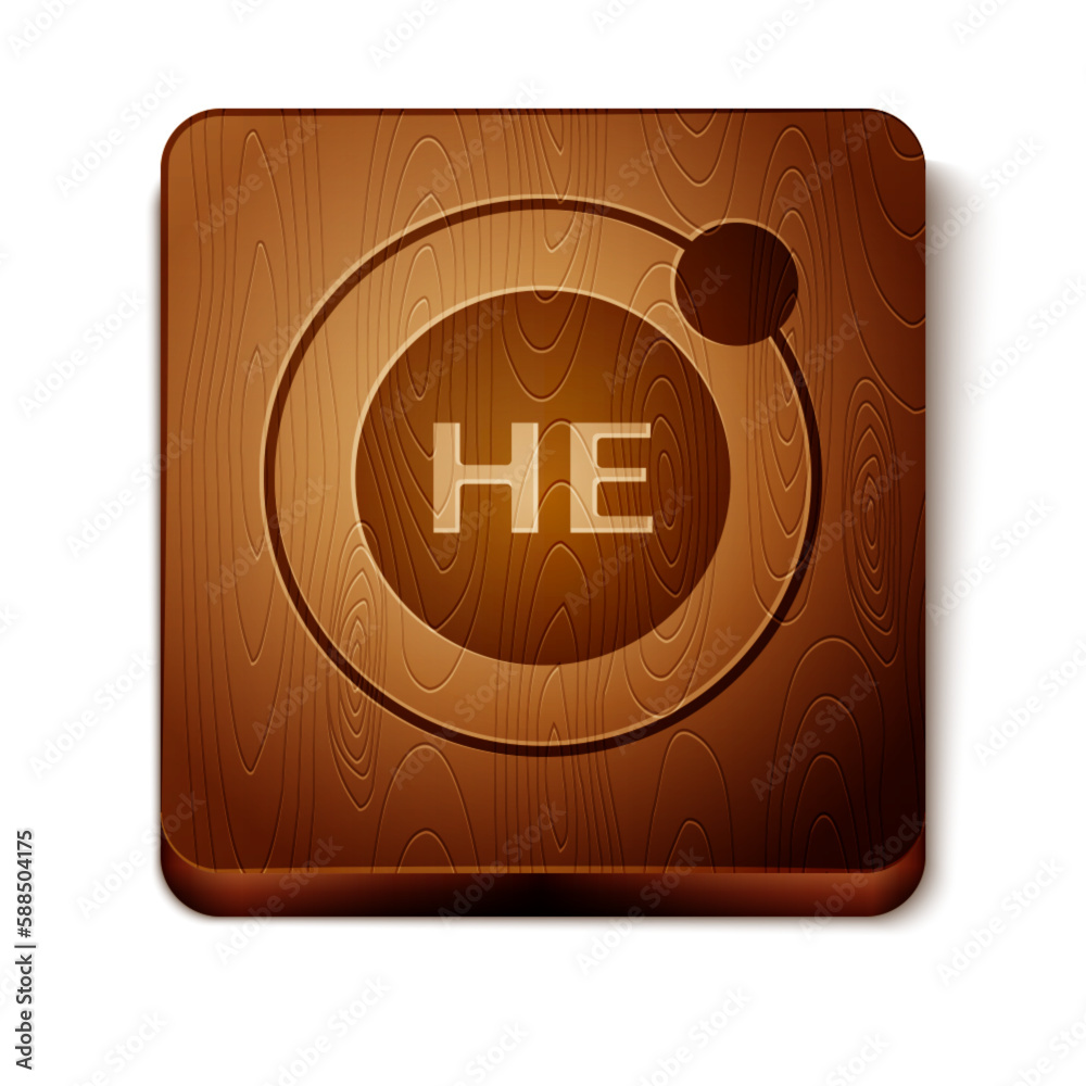 Fototapeta premium Brown Helium chemical element icon isolated on white background. Helium periodic table element chemistry symbol. Wooden square button. Vector