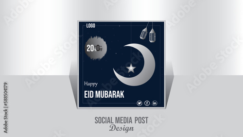 Islamic religious festival Eid Mubarak flash sale discount card for fashion industry including vector illustration template.