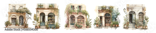 Bookshops in baroque style - a set of watercolor images created with Generative AI technology