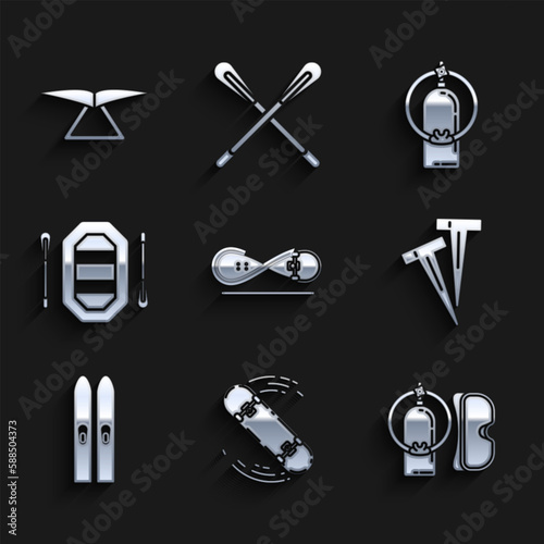 Set Skateboard trick, Diving mask and aqualung, Pegs for tents, Ski sticks, Rafting boat, Aqualung and Hang glider icon. Vector