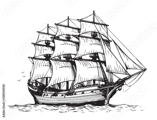 Ship frigate old sketch hand drawn illustration