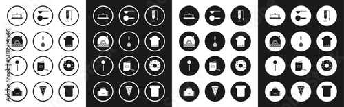 Set Blender, Kitchen whisk, Brick stove, Strawberry cheesecake slice, Chef hat, Measuring spoon, Donut with sweet glaze and Pizza knife icon. Vector