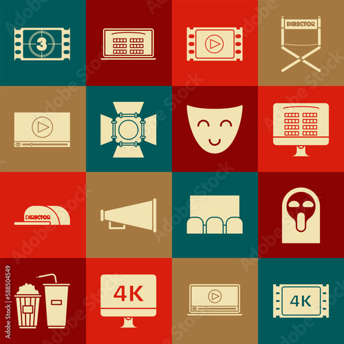 Set 4k movie, tape, frame, Funny and scary ghost mask, Buy cinema ticket online, Play Video, Movie spotlight, Online play video, and Comedy theatrical icon. Vector