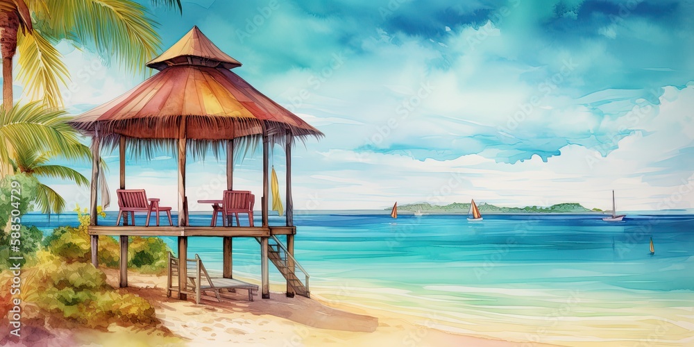 watercolor painting of summer resort and cabana, Generative AI 