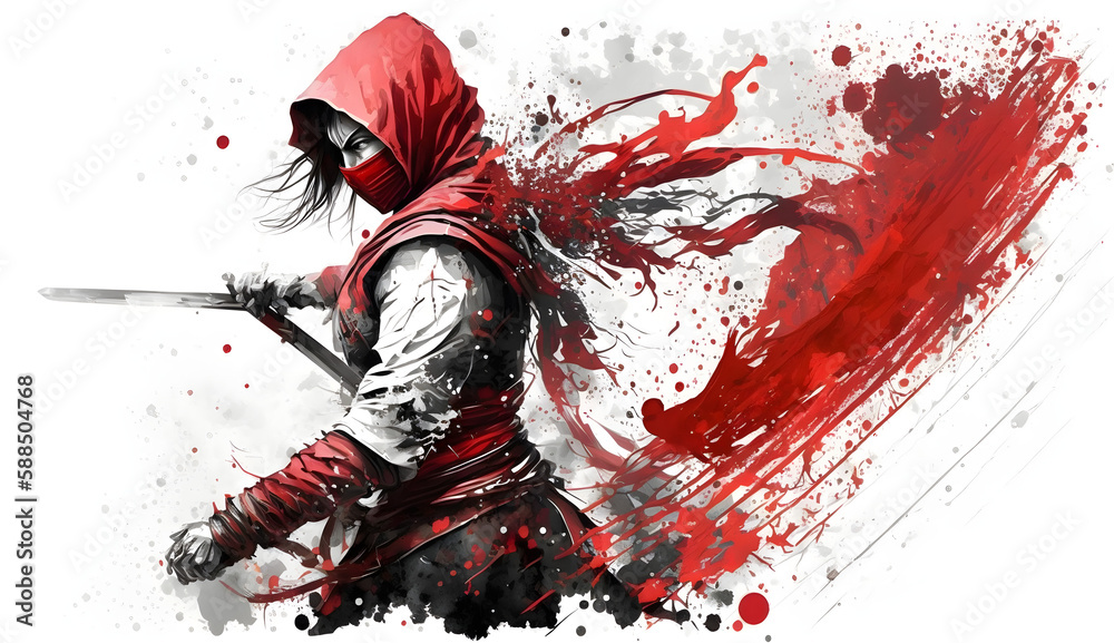 The angry ninja stood up wearing a red costume created with generative AI The angry ninja stood up wearing a red costume created with generative AI