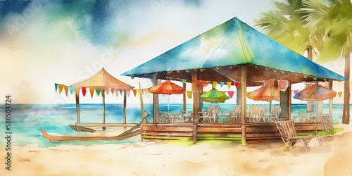 watercolor painting of summer resort and cabana, Generative AI  © meredith blaché 