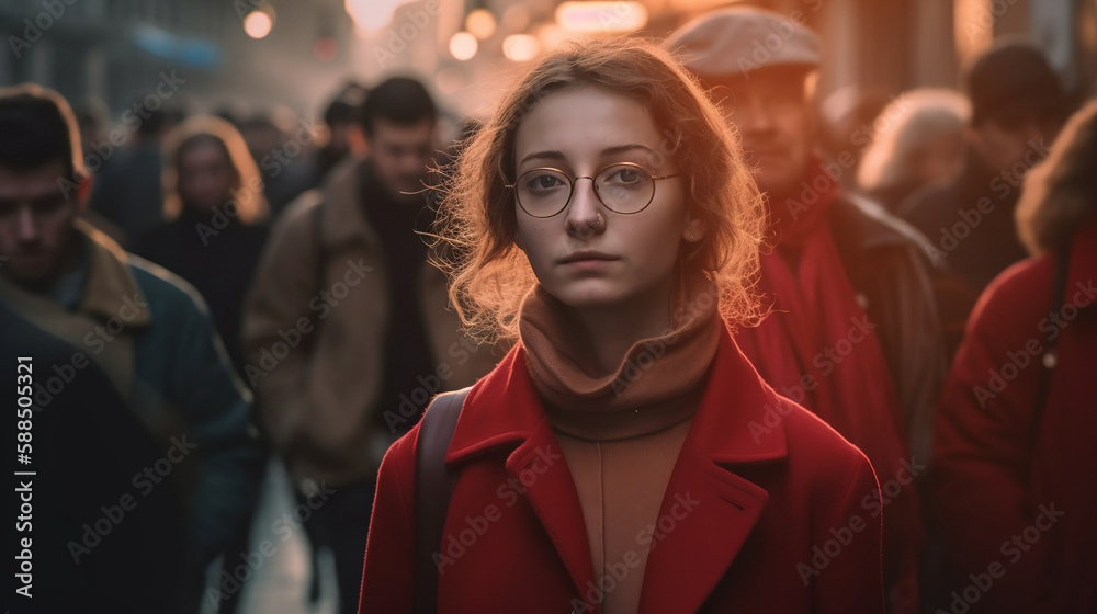 street portrait of a woman in red with glasses standing in a crowd - Generative AI street portrait of a woman in red with glasses standing in a crowd - Generative AI
