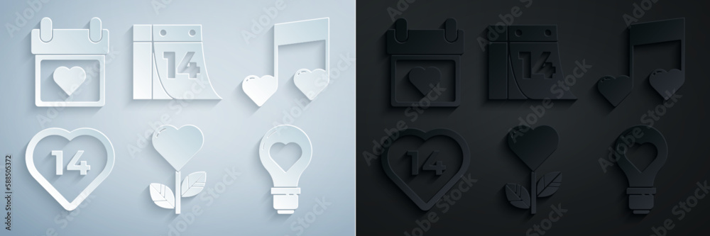 Set Heart shape in a flower, Music note, tone with hearts, light bulb, Calendar February 14 and icon. Vector Set Heart shape in a flower, Music note, tone with hearts, light bulb, Calendar February 14 and icon. Vector
