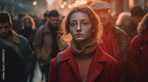 street portrait of a woman in red with glasses standing  in a crowd - Generative AI © Noelia