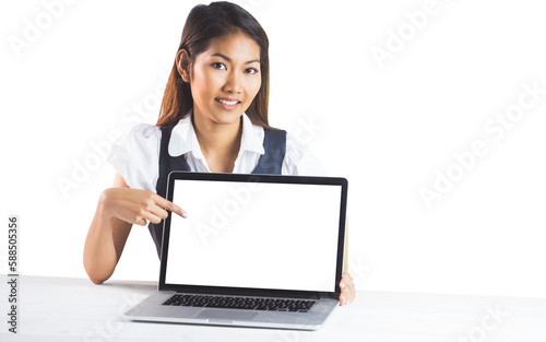 Smiling businesswoman pointing a laptop © vectorfusionart