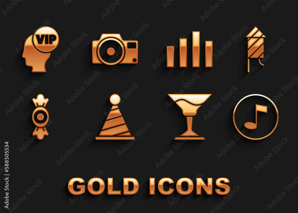 Set Party hat, Firework rocket, Music note, tone, Cocktail, Candy, equalizer, Vip inside head and Photo camera icon. Vector Set Party hat, Firework rocket, Music note, tone, Cocktail, Candy, equalizer, Vip inside head and Photo camera icon. Vector