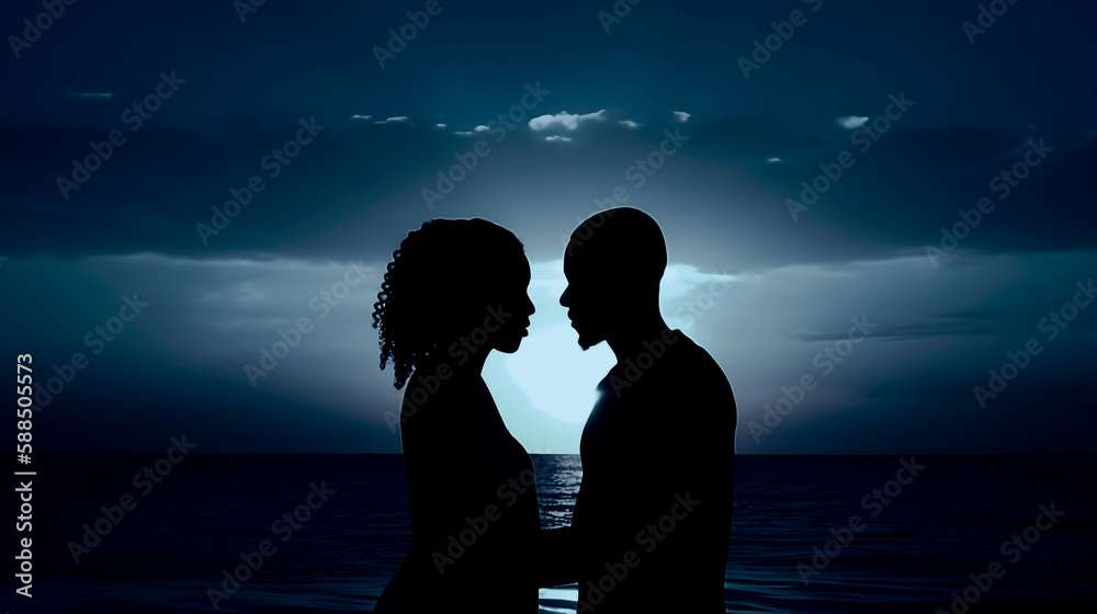 Silhouette african american romantic couple with head to head standing at beach during sunset. Copy space. Generative AI. 2