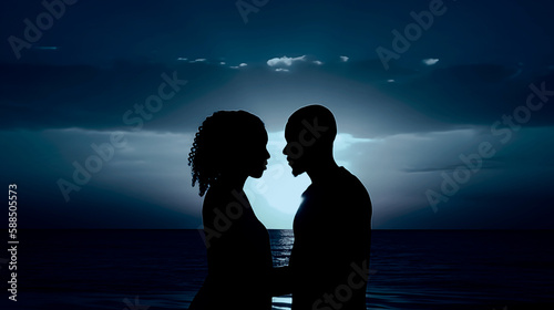 Obraz na płótnie Silhouette african american romantic couple with head to head standing at beach during sunset. Copy space. Generative AI. 2 w salonie