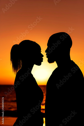Silhouette african american romantic couple with head to head standing at beach during sunset. Copy space. Generative AI. 6