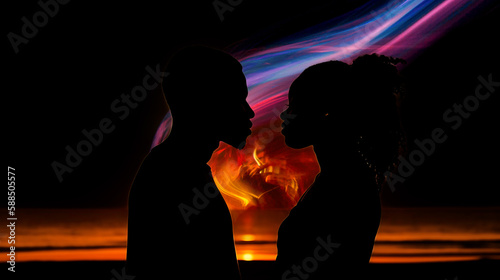 Silhouette african american romantic couple with head to head standing at beach during sunset. Copy space. Generative AI. (1)