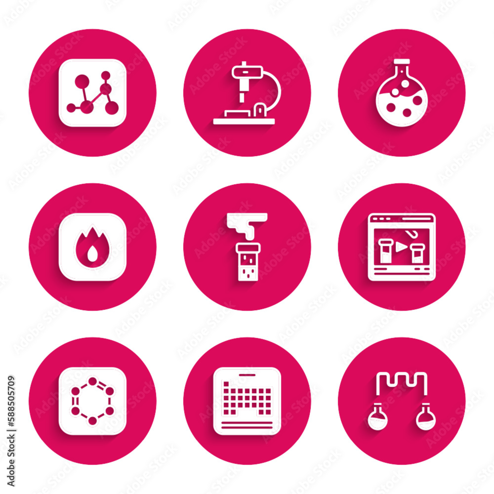 Set Test tube and flask, Periodic table, Chemical online, Formula of benzene rings, Fire flame, and formula icon. Vector