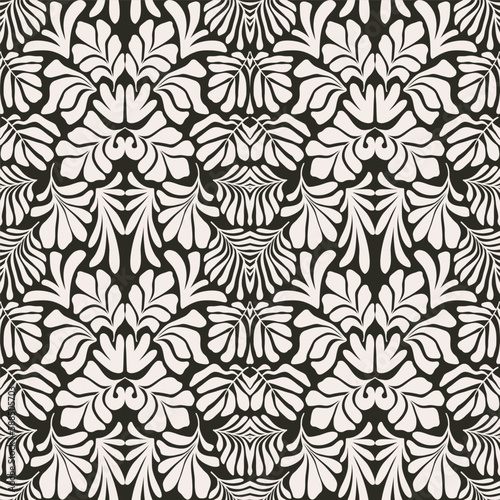 Black and white abstract background with tropical palm leaves in Matisse style. Vector seamless pattern with Scandinavian cut out elements.