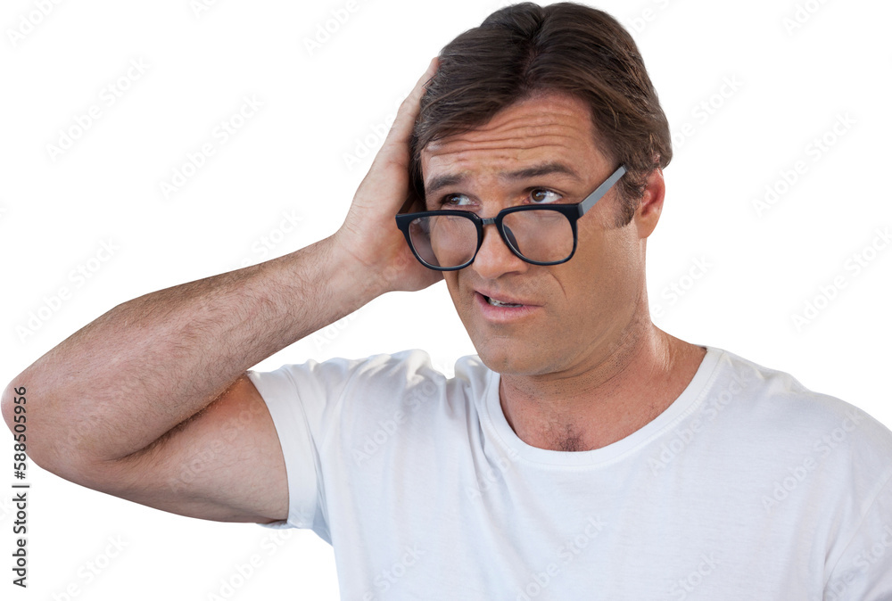 Confused mature man wearing eyeglasses looking away Confused mature man wearing eyeglasses looking away