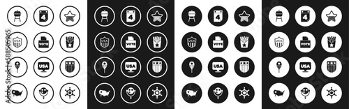 Set USA Independence day, Vote box, Shield with stars, Barbecue grill, Potatoes french fries in, Calendar date July 4, and Balloons icon. Vector