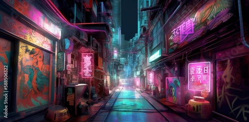 Generative AI illustration of the futuristic city in the style of cyberpunk. Neon-lit Street with a lot of graffiti on the walls of old buildings. Beautiful night cityscape.