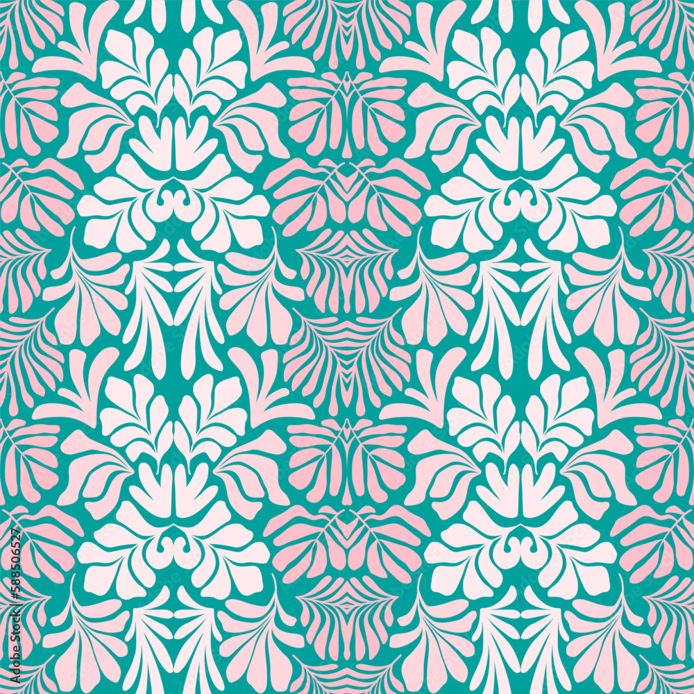 Turquoise pink abstract background with tropical palm leaves in Matisse style. Vector seamless pattern with Scandinavian cut out elements.
