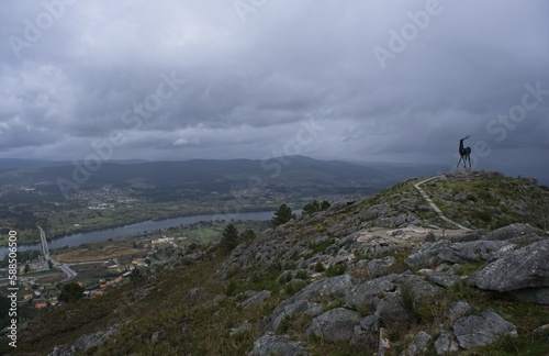 Wonderful landscapes in Portugal. Beautiful scenery of viewpoint Miradoiro do Cervo on river Mino in Lovelhe. Cloudy spring day. Selective focus