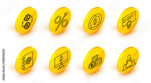 Set line Project team base, Cryptocurrency coin Bitcoin, Computer monitor with dollar symbol, Address book, Certificate template, Coin money, Percent up arrow and Money exchange icon. Vector