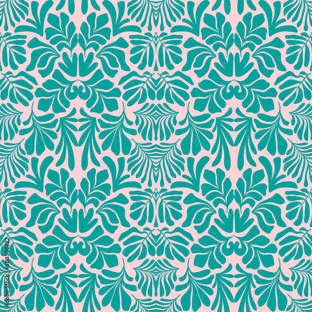 Turquoise pink abstract background with tropical palm leaves in Matisse style. Vector seamless pattern with Scandinavian cut out elements.