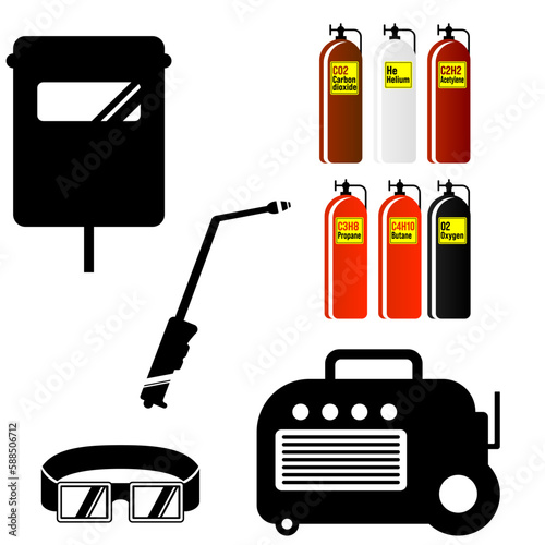 Welders’ equipment and accessories with different types of Compressed Gas Cylinders vector illustrations