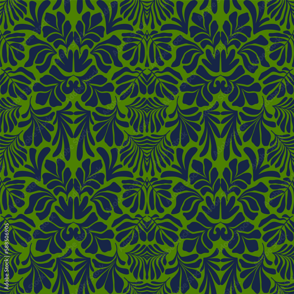 Dark blue green abstract background with tropical palm leaves in Matisse style. Vector seamless pattern with Scandinavian cut out elements. Dark blue green abstract background with tropical palm leaves in Matisse style. Vector seamless pattern with Scandinavian cut out elements.