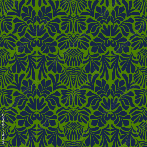 Dark blue green abstract background with tropical palm leaves in Matisse style. Vector seamless pattern with Scandinavian cut out elements.