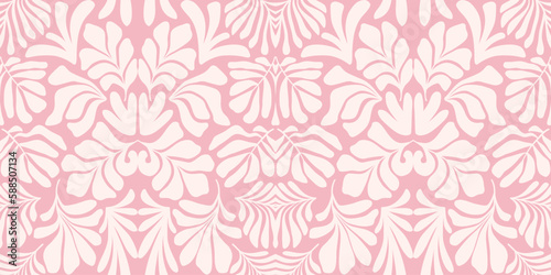 Pink white abstract background with tropical palm leaves in Matisse style. Vector seamless pattern with Scandinavian cut out elements. © Oleksandra