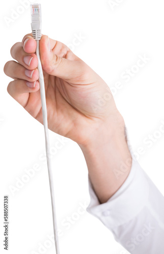 Hand of a businessman presenting white cable