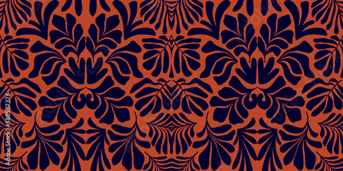 Terracotta brown abstract background with tropical palm leaves in Matisse style. Vector seamless pattern with Scandinavian cut out elements.