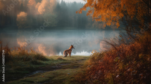A small fox spotted at serene Finish lake with an autumn forest