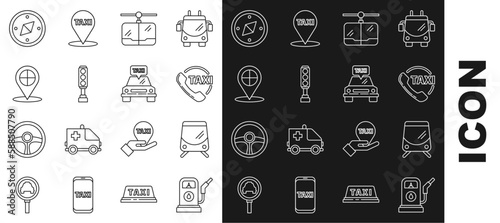 Set line Petrol or Gas station, Tram and railway, Taxi call telephone service, Cable car, Traffic light, Map pointer with taxi, Compass and icon. Vector