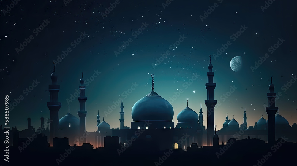 AI generated Ramadan Kareem background with mosque, moon and stars illustration