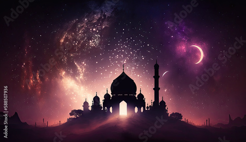 AI generated Silhouette of mosque at night. Ramadan Kareem background. photo