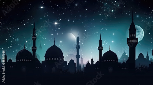 AI generated Ramadan Kareem background with mosque, moon and stars illustration