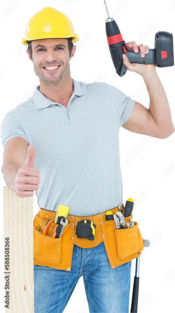Carpenter showing thumbs up while holding drill machine Carpenter showing thumbs up while holding drill machine