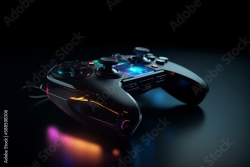 Futuristic matte black rgb gamepad concept with soft touch plastic. Ai generated art of video game controller with neon light