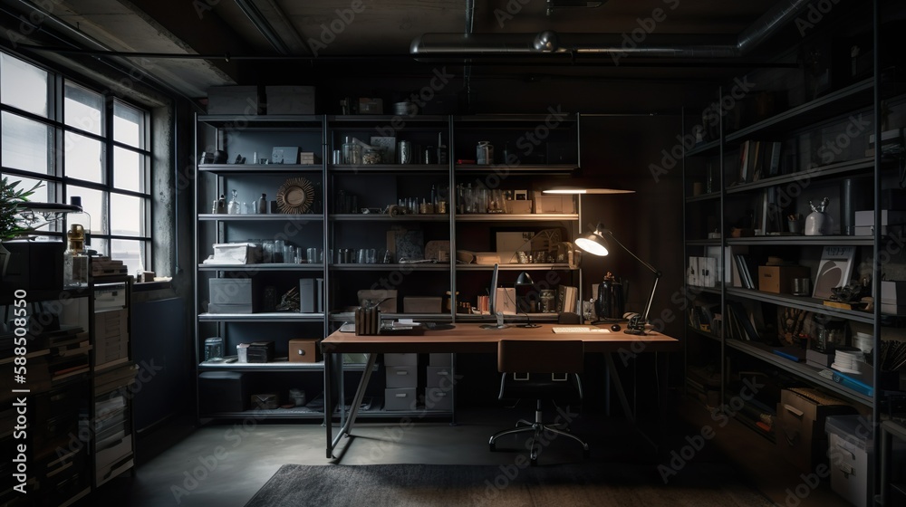 A working room with steel shelves